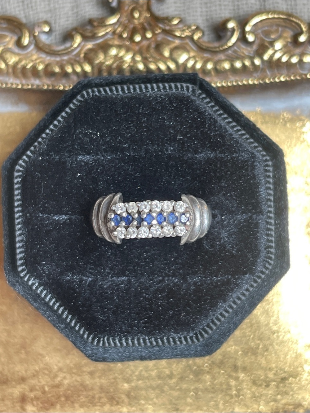 Vintage Silver Band Ring with Blue and White Stones